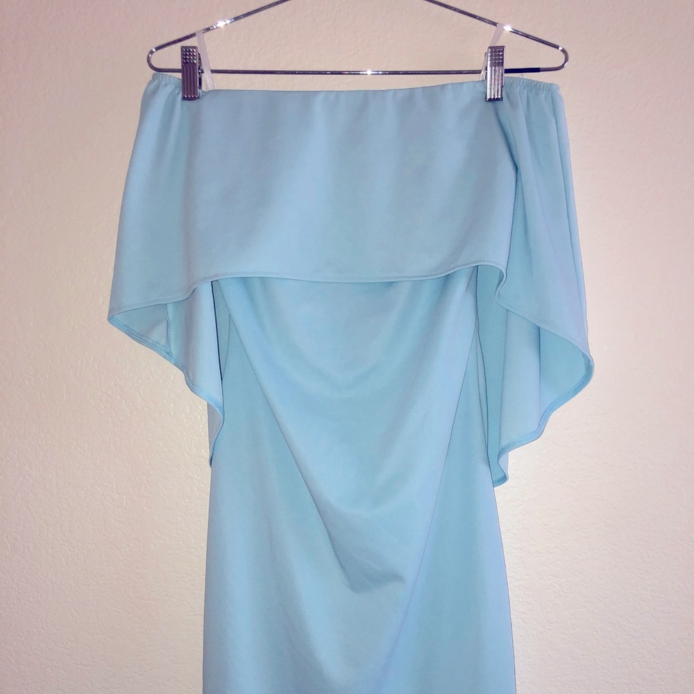 Baby blue off the shoulder (cape) dress